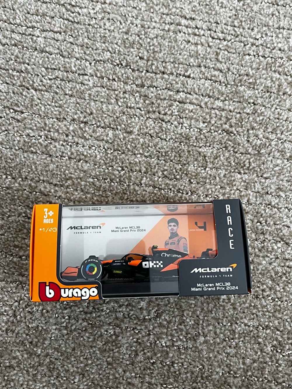 Bburago McLaren MCL38 Miami Grand Prix 2024 Diecast Race Car - Orange/Black
